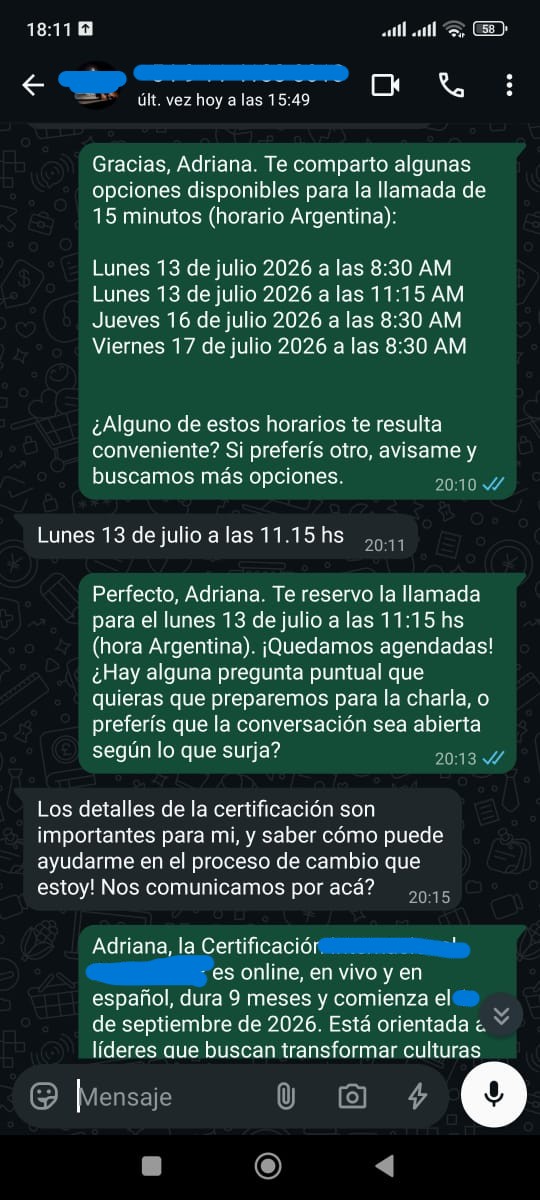 Conversación real del agente de WAIA agendando una sesión de descubrimiento